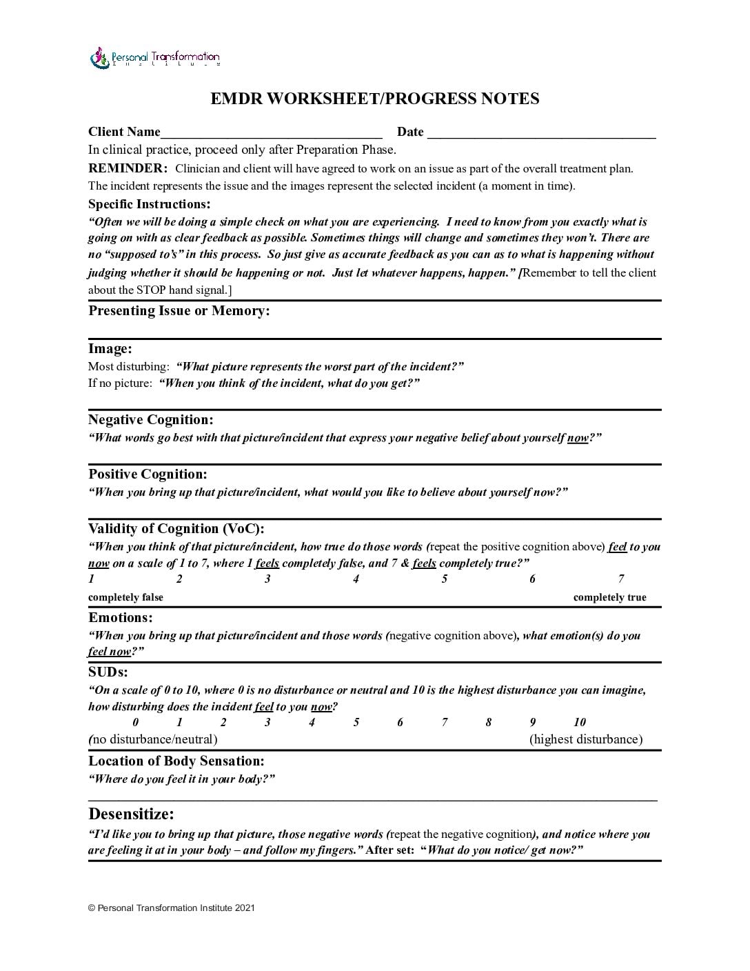 Emdr worksheet/ progress notes - personal transformation institute
